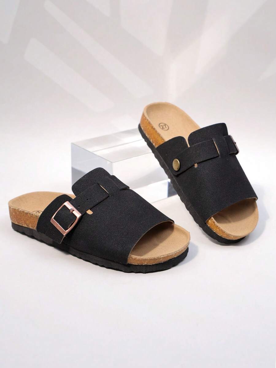 Minimalist Korean Style One-Strap Slide Sandals, Cream White Soft Cork Sole, Versatile Summer Shoes (Sole/Insole Color Random) - Black - View 1