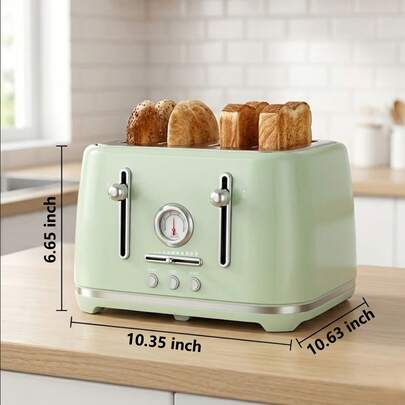 Stainless Steel Retro Toaster 4 Slice, 1.6 Inch Wide Slots, 6 Shade Control, Bagel Defrost Cancel, Easy Clean Crumb Tray, Green