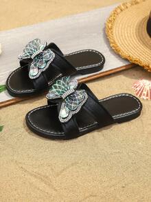 1 Paar schwarze Modepantoffeln für große Mädchen, glänzender bunter Strass-Schnallenverzierung, Mesh-Schleifen-Dekor, minimalistischer Rundkopf, weiches rutschfestes Slip-On-Design, bohemian-süße Prinzessin Strandflache Sandalen, geeignet für Alltag, Urlaub, Lässig, Feiertage, Partys, Frühling/Sommer Neuankömmling - Schwarz - Übersicht 2