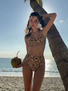 夏季純色優雅波希米亞甜美風兩件式比基尼泳衣海灘度假套裝 - 彩色 - 查看 5