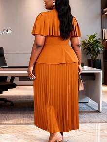 Plus Size Women Elegant Two Pieces Set Pleated A Line Skirt And Cape Style Peplum Blouse With Button Party Business Church Event Occasion - Brown - View 2