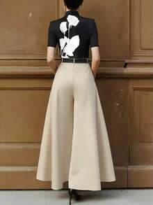 Women's Solid Color Pleated Pocket Wide Leg Loose Casual Pants Black Spring - Apricot - View 3