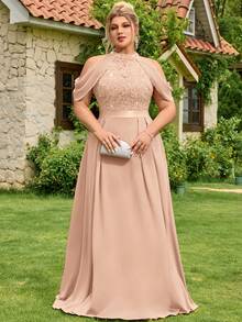 MISSMAY Plus Halter Neck Sequin Floral Lace Cutout Shoulder Cape Sleeve Contrast Chiffon Pleated Hem Formal Party Dress Prom Wedding Guest Gown, For Graduation, Dinner - 香檳色 - 查看 4
