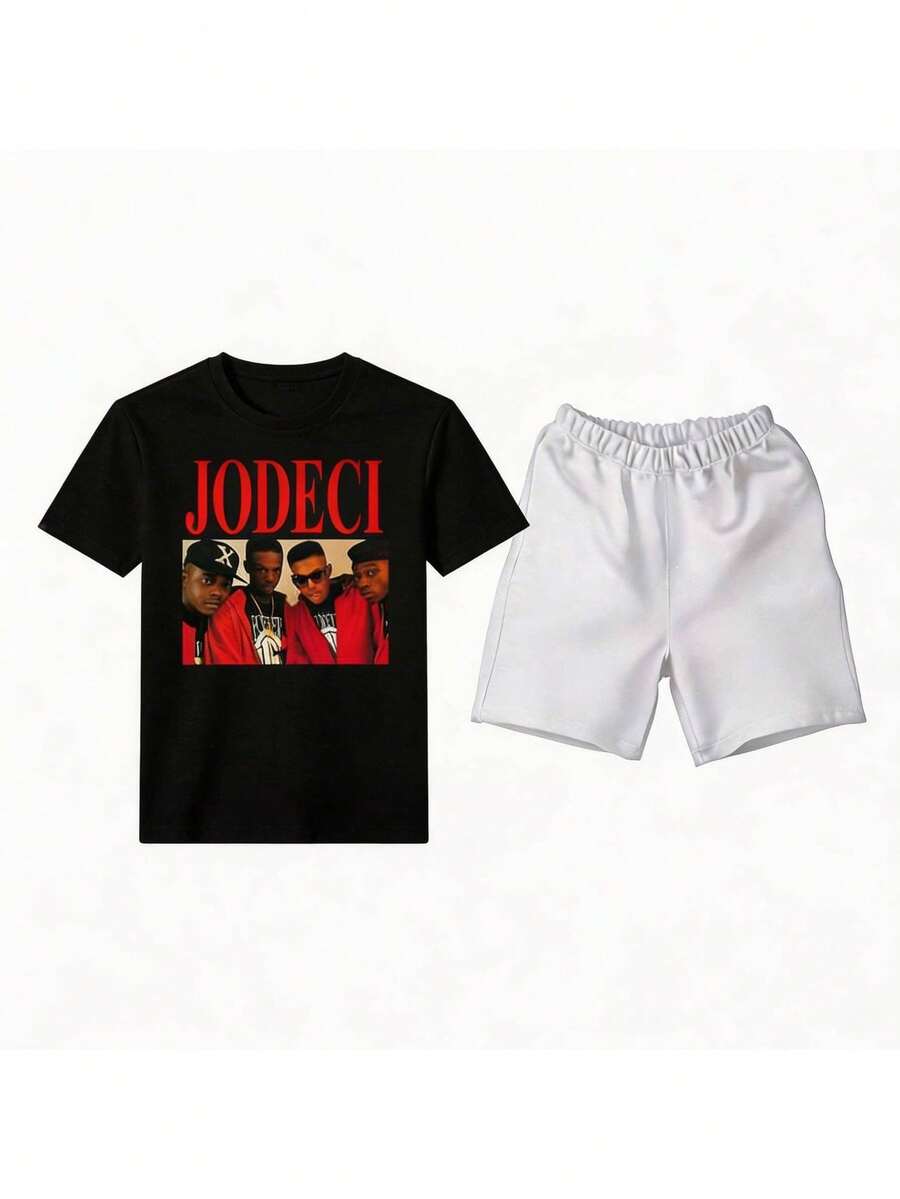 Conjunto para hombre estilo streetwear retro hip hop con estampado gráfico y letras algodón cómodo ajuste holgado cuello redondo manga corta primavera verano uso casual set de playera y shorts - Negro 1 - Ver 1