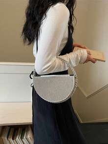 奢华全镶钻圆形手提包，华丽精致的高端手拿包，闪耀水晶派对钱包，优雅淑女手提包 - 銀色 - 查看 3