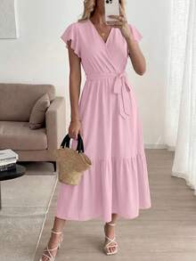 A Summer Bohemian Floor-Length, Short-Sleeved, V-Neck, Flowing Wedding Dress For Guests - 粉色 - 查看 1