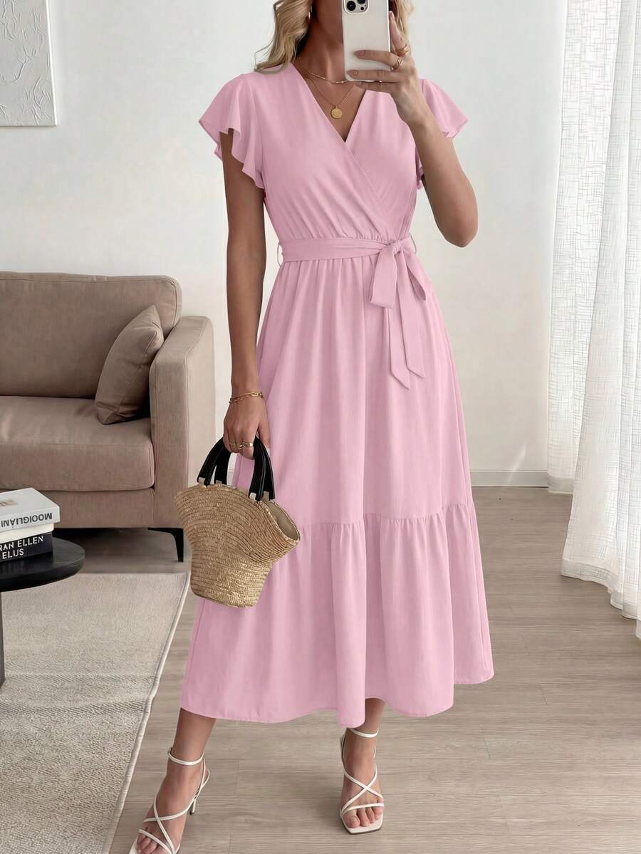 A Summer Bohemian Floor-Length, Short-Sleeved, V-Neck, Flowing Wedding Dress For Guests - 粉色 - 查看 1