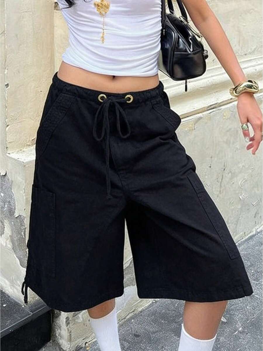 Womens Y2K Drawstring Jean Shorts Summer Elastic Waist Baggy Cargo Denim Shorts Casual Stretch Jorts With Pockets - 黑色 - 查看 1