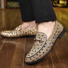 Men's Glitter Studded Dress Shoes Fashion Metallic Sequins Gold Buckle Spikes Rivets Luxury Wedding Party Loafers - Vàng - Xem 5