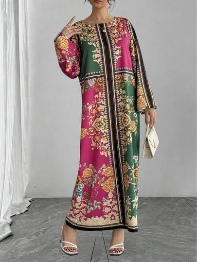 1pc Women's Colorblock Floral Print Dress, Round Neck Pullover Flare Sleeve Maxi Casual Dress, Elegant Luxury Party Gown, Loose Robe, Perfect Gift For Mom, Daughter, New Year