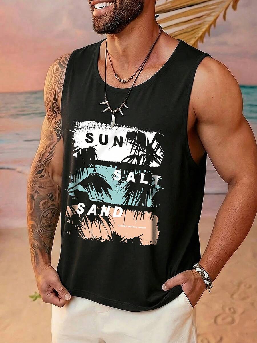 1pc Men's Summer Casual Coconut Tree Color Block Print Round Neck Tank Top - Black - View 1