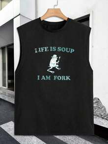 1PC Men's Vest With "LIFE IS SOUP I AM FORK" Print Design, 180g Pure Cotton Vest, Seamless, Sweat-Wicking, 100% Cotton, Loose American-Style Tank Top For Sports And Fitness. - 黑色 - 查看 3