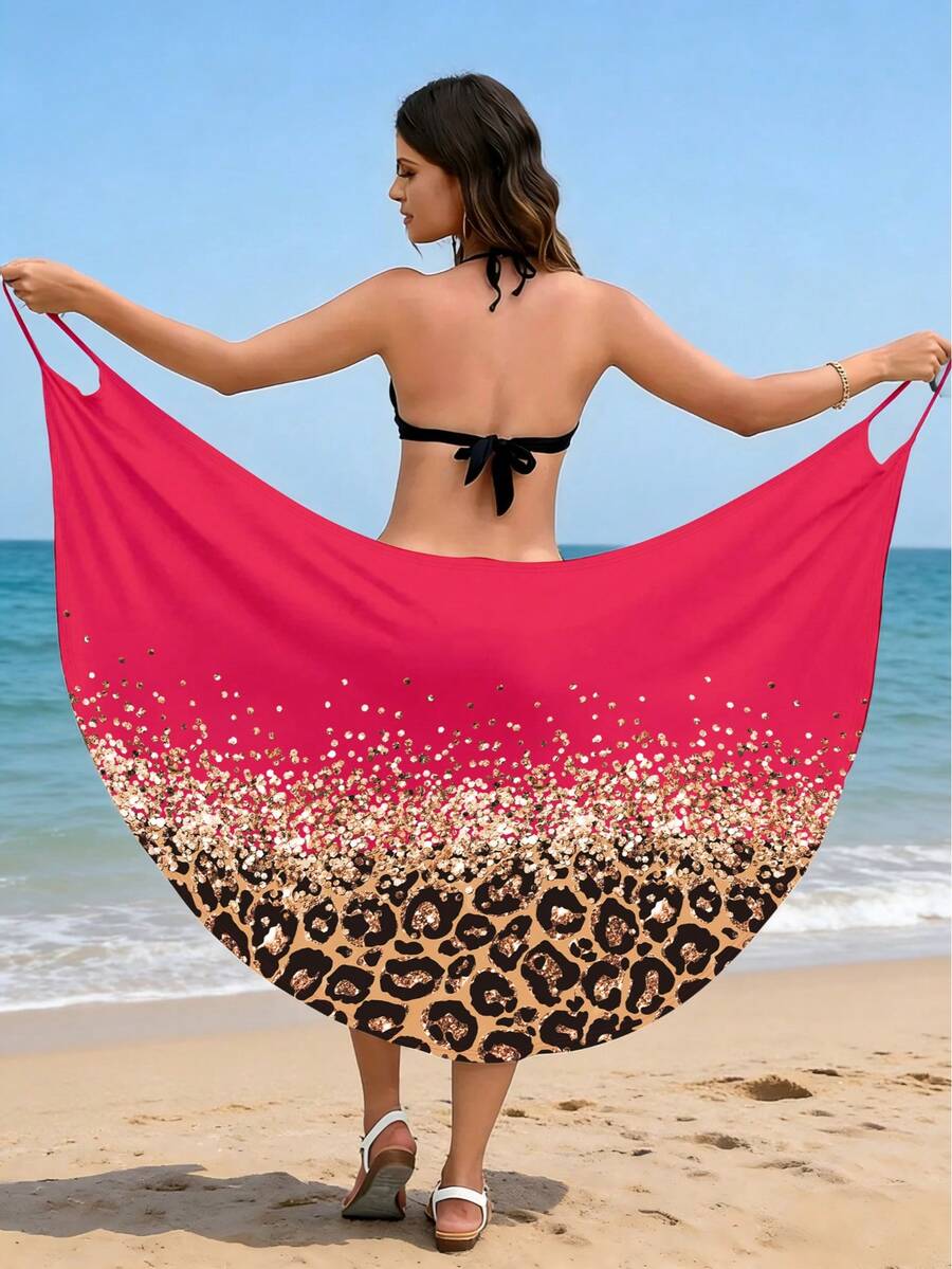 Women's Fashionable Pink Leopard Print Beach Cover-Up, Gold Sequin Print, One-Piece Slip Dress Vacation - Hot Pink - View 1