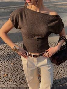 HoloChill Women Off-Shoulder Batwing Sleeve Knit Top, High Stretch Fabric, Button Detail, Regular Length, Asymmetric Hem, Summer Blouse, Women's Spring Clothing, Women's Holiday Party Top, Women's Beach Outfit, Women's Casual Outerwear, Women's Elegant Summer Vacation Wear - Coffee Brown - View 5