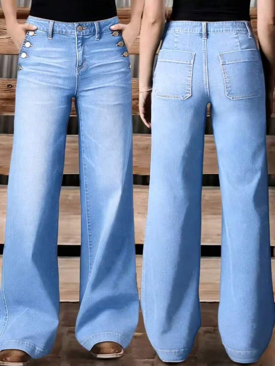 新款女士多扣水洗修身直筒休闲牛仔裤，高品质牛仔裤，春季款