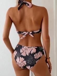 New Arrival European And American Style High Waist Hollow Tropical Plant Print Bikini Set, Sexy Open Back Design Vacation Beach - Multicolor - View 2