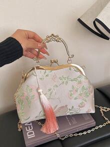 1PC Chinese Embroidery Kiss-Lock Clutch, Convertible Handbag & Crossbody Chain Evening Bag For Cheongsam & Hanfu - Pink - View 3