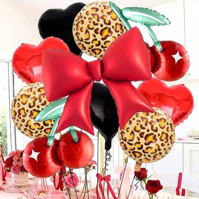 10pcs Large Red Bow Cherry Foil Balloon Set, 18" Heart Shaped Balloon And Leopard Print Foil Balloon, Suitable For Wedding Engagement, Anniversary, Leopard Cherry Theme Party, Birthday Party Decoration