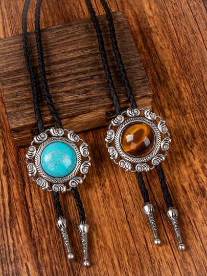 1件复古波洛领带，饰有雕刻天然石，男女皆宜的衬衫配饰