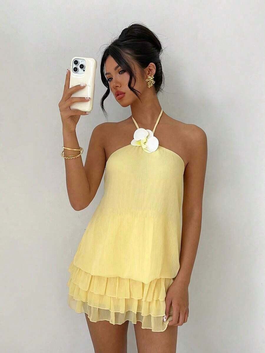 Women's Yellow Low Waist Super Short Sexy 3D Floral Camisole Backless Ruffle Hem Mini Dress, Elegant, Fashionable, Suitable For Daily Commute, Party, Carnival, Valentine's Day, New Year, Beach Vacation Summer - 淺粉色 - 查看 1