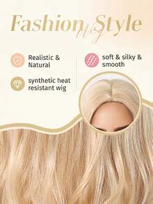 28 Inch Ash Blonde Long Body Wave Wig, Middle Part Synthetic Hair Wig, High Density Natural Looking Fake Hair For Cosplay Halloween Daily Use - Gold - View 7