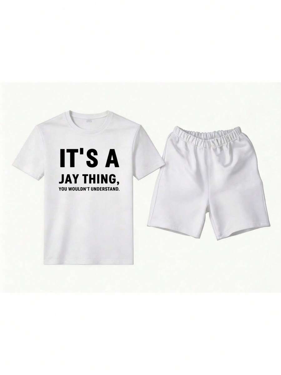 Conjunto para hombre estilo urbano casual con estampado creativo ajuste holgado cuello redondo manga corta primavera verano uso diario set de playera y shorts - Blanco 1 - Ver 1