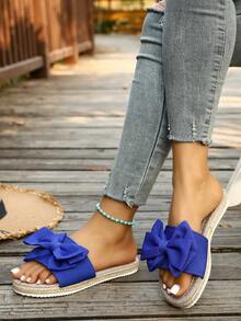 女士蝴蝶结平底凉鞋，可爱单带编织草底圆头户外休闲度假拖鞋 - 藍色 - 查看 4