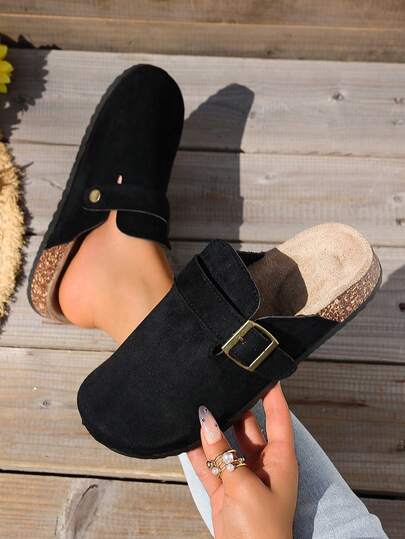 2026New Women's Black Buckle Mule Slides Spring Summer Vacation Style Outdoor Slip On Sandals