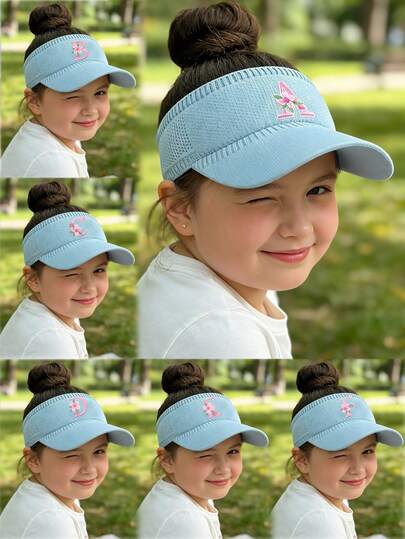 1件装女童浅蓝色丸子头露檐帽 - A-Z 花卉字母定制透气遮阳帽儿童户外丸子头/马尾多功能帽