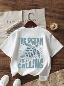 Teen Girl Turtle & Alphabet Print Round Neck Short Sleeve T-Shirt, Casual Summer Top - White - View 3