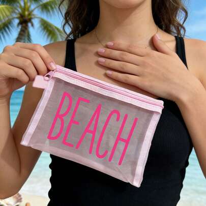 Waterproof Fashionable Mesh Beach Bag, Makeup Bag Printed With "Beach" Text, Beach Themed. Large Capacity Transparent Makeup Bag, Nylon Zipper Toiletry Bag, Lightweight, Can Hold Sunscreen, Snacks, Bikini And Beach Essentials