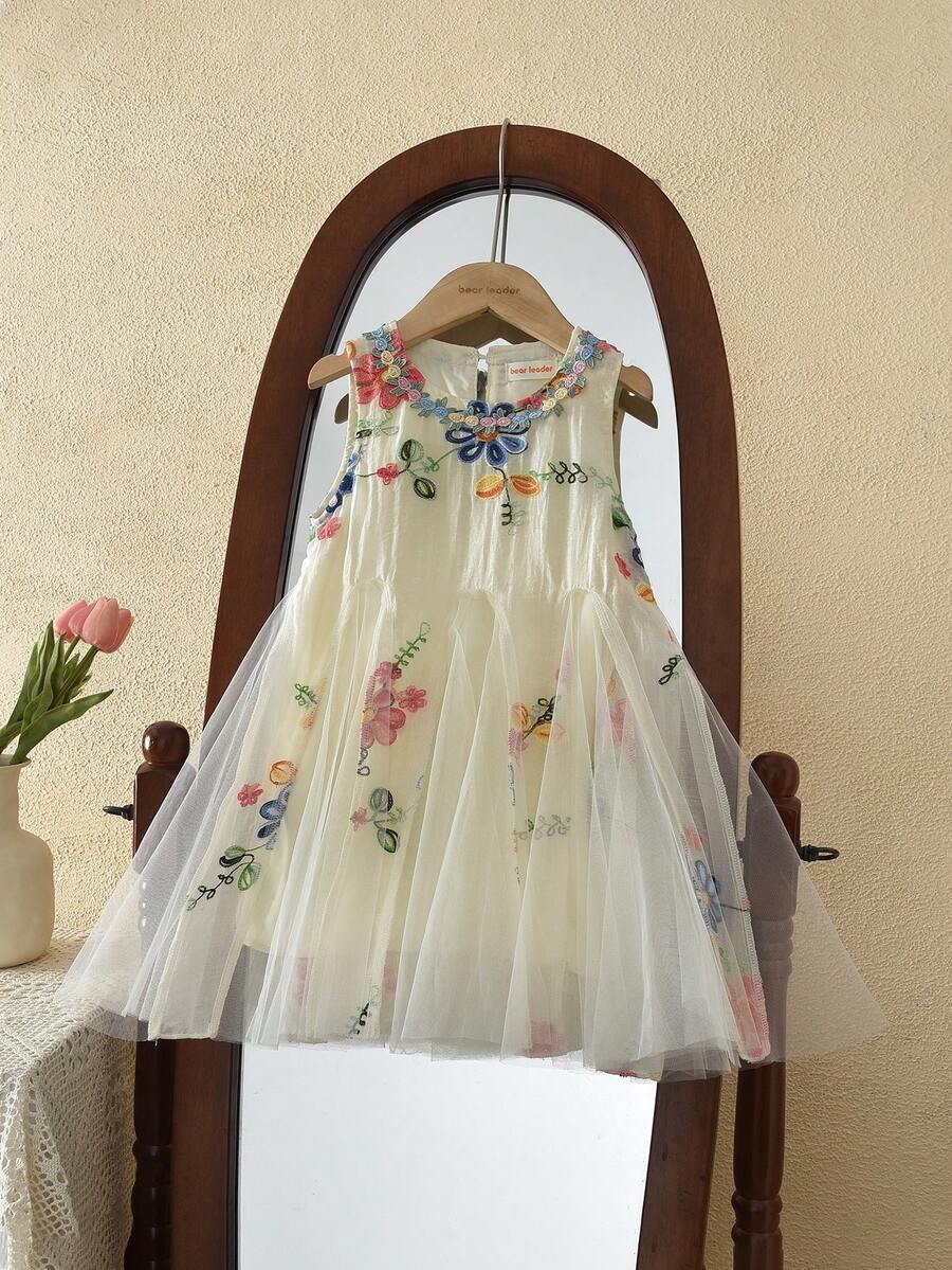 Girls' Princess Dress, Colorful Floral Embroidery, Sleeveless Mesh Patchwork, Casual Wear For Birthday Party, Summer - Beige - View 1