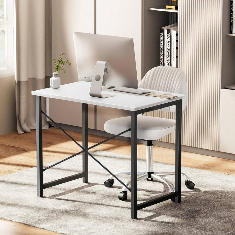 Computer Desk, Small Office 32 Inch Writing Work Study Student Teacher Home Bedroom Table With Metal Frame Wood Tabletop - - 白色 - 查看 1