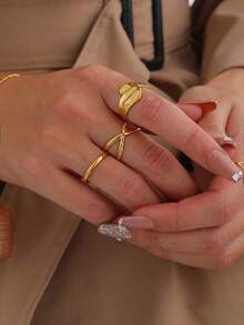 Set de 3 anillos geométricos asimétricos de acero inoxidable chapado en oro de 18K, de estilo minimalista y elegante, adecuados para uso diario, festivales, citas, cenas, como joyería de alta gama y regalo - Multicolor - Ver 8