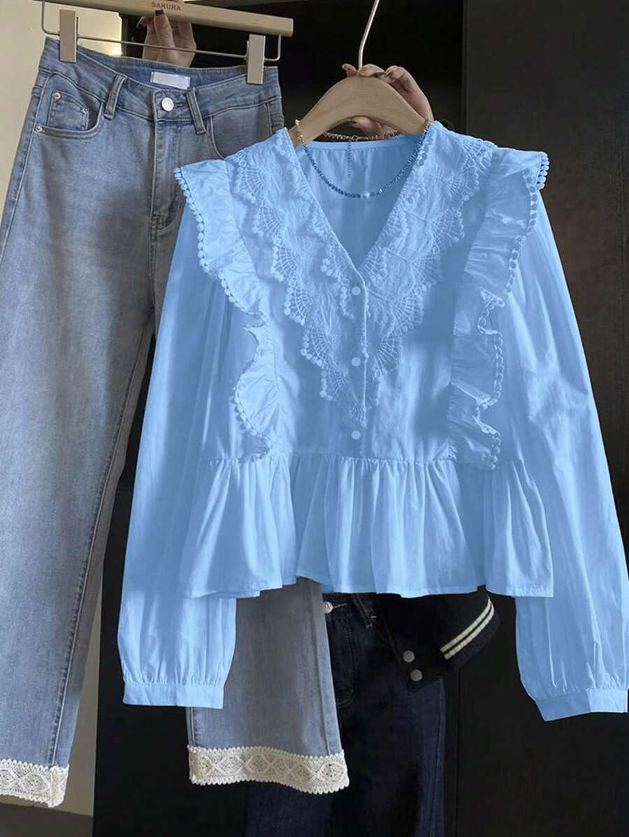 ii Plus Size Casual Solid Color Lace Patchwork Ruffle Trim Long Sleeve Top - Blue - View 1