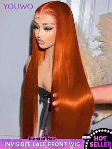 Peluca de cabello humano remy brasileño con frontal de encaje transparente de 13x4 pulgadas, 200% de densidad, cabello liso de color naranja jengibre de 8 a 34 pulgadas para mujeres - S350 - Ver 2