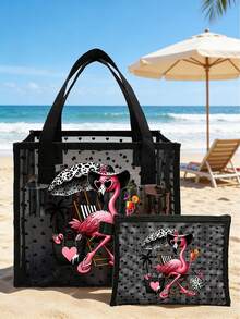 Mesh Tote And Small Bag Set With Pink Flamingo Design, Black Leopard Print Umbrella & Palm Tree Design,Beach Vacation Bag,Hawaiian Style Transparent Organizer Bag,Travel Toiletry Bag, Cosmetic Storage Bag,Summer Essentials,Ideal For School, Vacation,Beach Party, Holiday & Back To School Use,Best Gift For Friends And Teachers,Ideal Birthday Gift, Party Gift, Summer Gift, Vacation Gift, Holiday Gift, Wedding Gift - Multicolor - View 3