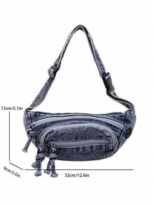 Bolso de pecho de mujer de mezclilla vintage lavada, diseño de múltiples bolsillos para un almacenamiento organizado, correa de hombro ajustable, adecuado para salidas casuales, compras y viajes diarios - Azul lavado oscuro - Ver 5