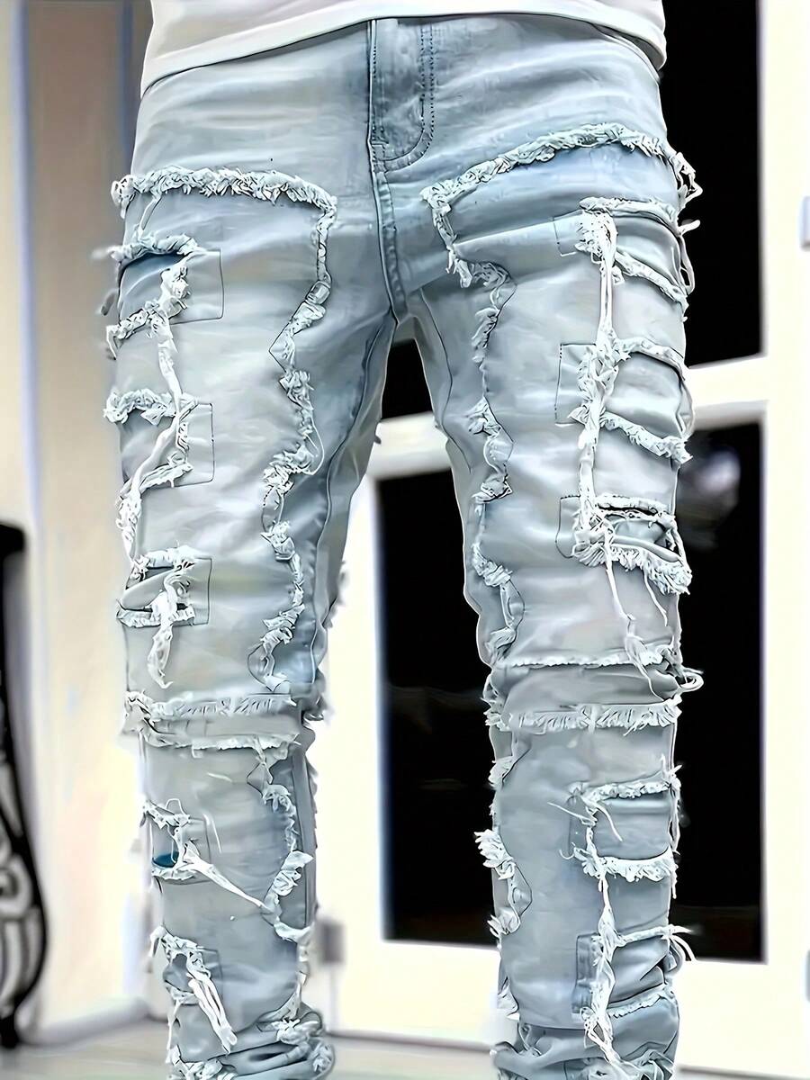 Stacked Jeans Mens Ripped Jeans Distressed Patchwork Straight Leg Y2k Skinny Denim Pants Hip Hop Slim Fit Trousers - Rửa nhẹ - Xem 1