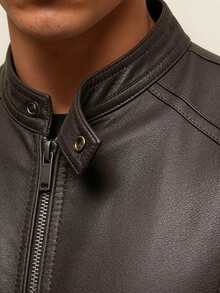Chaqueta de cuero de motocicleta retro casual para hombre AHTELB, primavera/otoño, abrigo de cuero de unicolor elegante y atractivo, estilo de carreras de otoño - Café integral - Ver 3