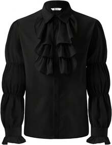 Mens Pirate Shirt Ruffle Victorian Renaissance Vampire Poet Puffy Shirts Gothic Steampunk Medieval Costume - 黑色 - 查看 1
