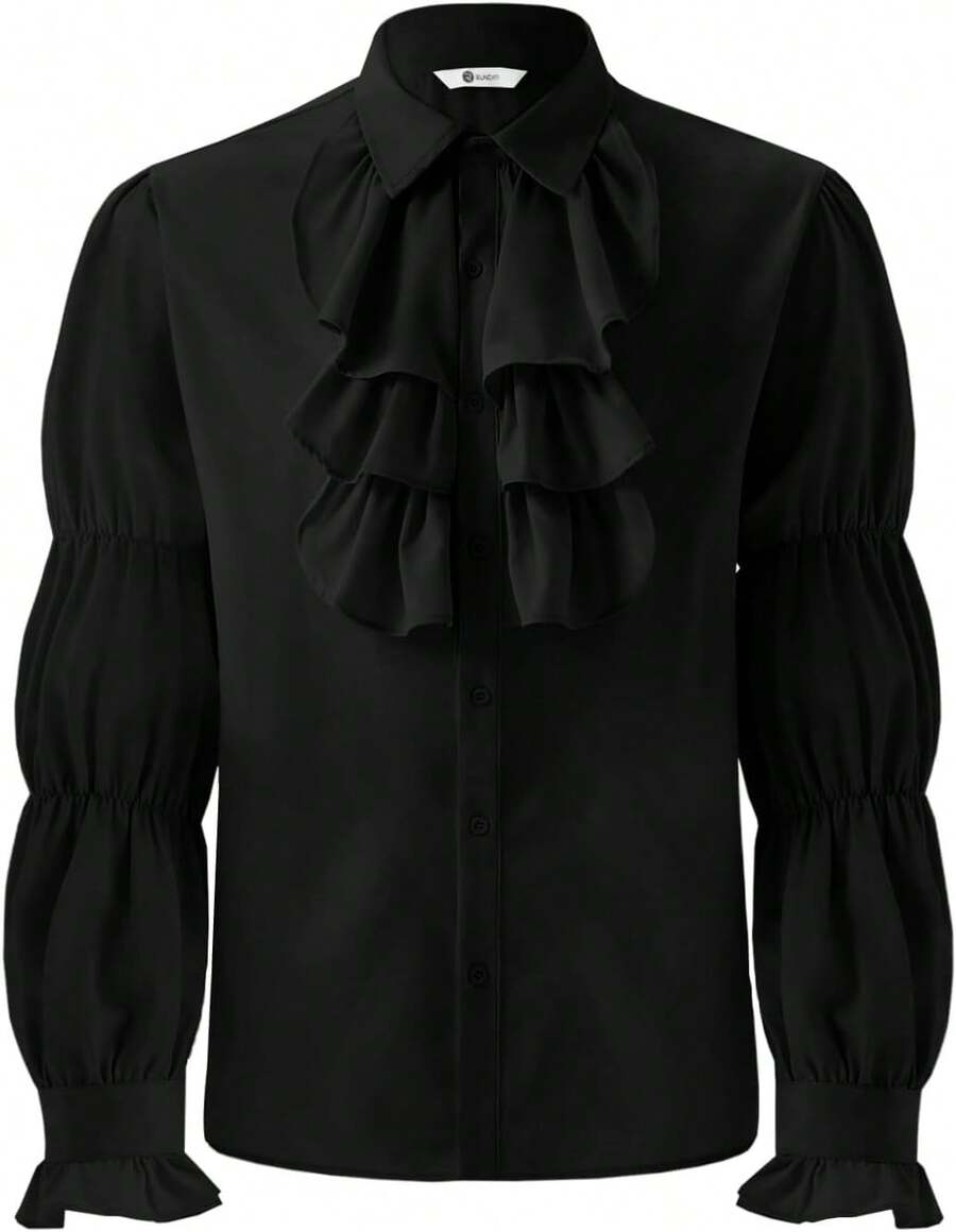 Mens Pirate Shirt Ruffle Victorian Renaissance Vampire Poet Puffy Shirts Gothic Steampunk Medieval Costume - 黑色 - 查看 1