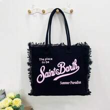 European And American Style Beach Bag, Large-Capacity Daily Shoulder Bag, Handcrafted Tote Bag With Tassels And Denim Print. - 款式5(帶拉鍊) - 查看 5
