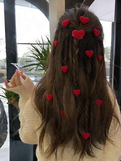 10个红色心形串珠发夹，甜美新款心形编织多功能发饰，精致编织发饰