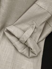 Women's Casual Linen Solid Color Rolled Cuff Button Detail Turndown Collar Long Sleeve Cardigan Spring - Grey - View 11