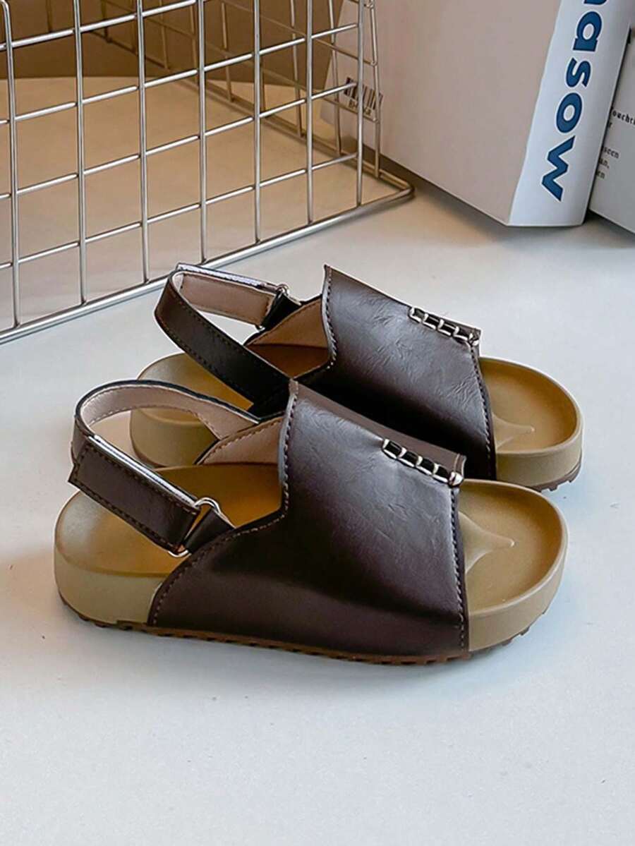 耐穿/柔软/一双装男女童休闲凉鞋，婴幼儿防滑平底鞋，多功能魔术贴可爱旅行沙滩鞋，罗马风公主学生鞋，适合夏季穿着 - 棕色 - 查看 1