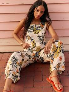 热带花卉印花无袖上衣和阔腿裤两件套 - 波西米亚风夏季度假装 - 杏色 - 查看 4