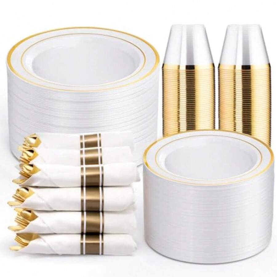 350-Piece Gold Disposable Plates And Cutlery Set - Premium 10.25" Dinner Plates 7.5" Dessert Plates 9oz Cups And Cutlery For Weddings Catering Events - 50 Guest Service - Elegant And Sturdy - 金子 - 查看 1