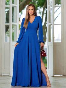 Royal Blue Long Dress With Scarlet Long Sleeves NM Nana Marie - 寶藍色 - 查看 1