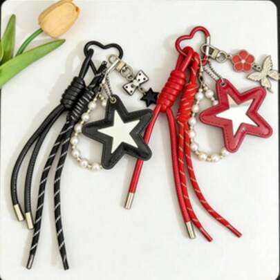 Móc khóa hình ngôi sao ngũ giác bằng da, dây chuyền đính đá trang trí hình ngôi sao, mặt dây chuyền móc khóa DIY.